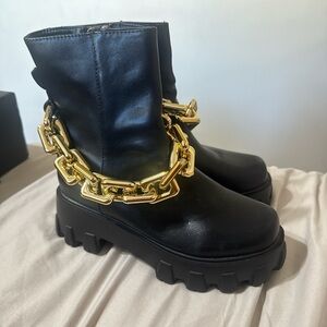 Fashion Nova Black Ankle Boots with Gold Chain